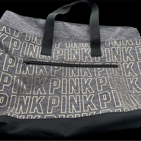 PINK Victoria's Secret Handbags - Victoria’s Secret Chic Gray and Black Tote with Gold Bold PINK Logo